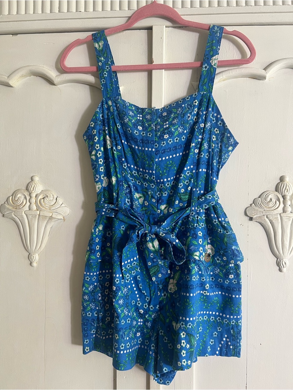 NWT Olivaceous Blue Green Floral One-Piece Romper Belt tie waist